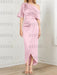 Satin dress with draped shoulder and waist knot in pink