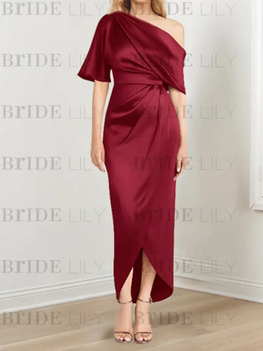 Satin dress with draped shoulder and waist knot in wine red