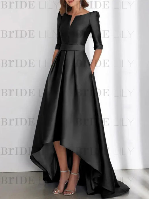 Satin dress with pockets and high low hem in black