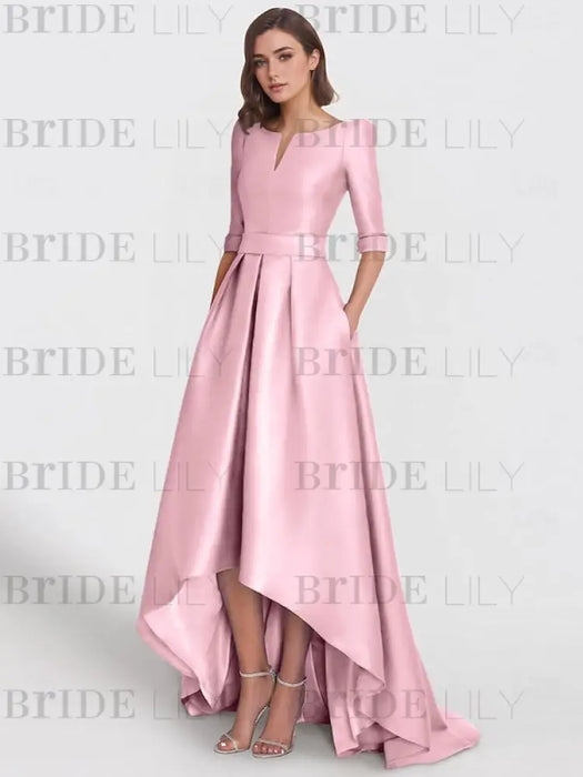 Satin dress with pockets and high low hem in blush pink