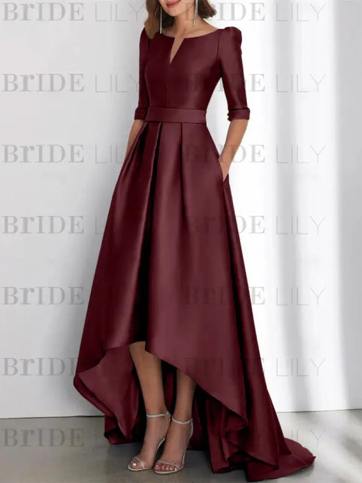 Satin dress with pockets and high low hem in burgundy