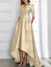 Satin dress with pockets and high low hem in champagne