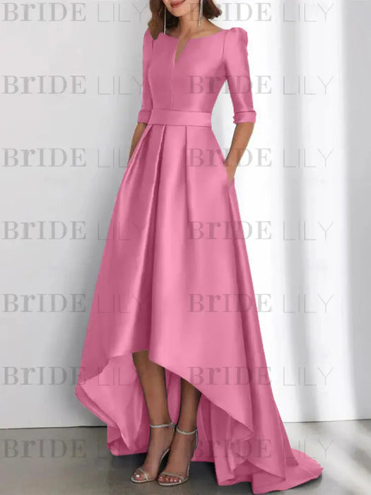 Satin dress with pockets and high low hem in rose pink