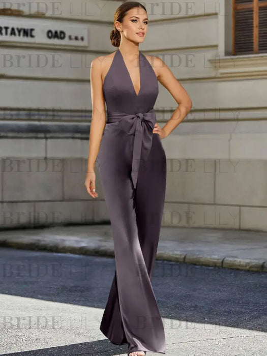 Satin halter jumpsuit with a bow belt in mauve grey
