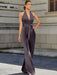 Satin halter jumpsuit with a bow belt in mauve grey