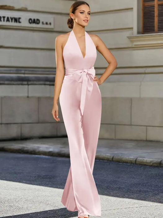 Satin halter jumpsuit with a bow belt and wide leg trousers in pale pink