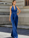 Satin halter jumpsuit with a bow belt in royal blue