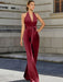 Satin halter jumpsuit with a bow belt in wine red