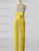 Back view of the satin halter jumpsuit on a dress form in yellow