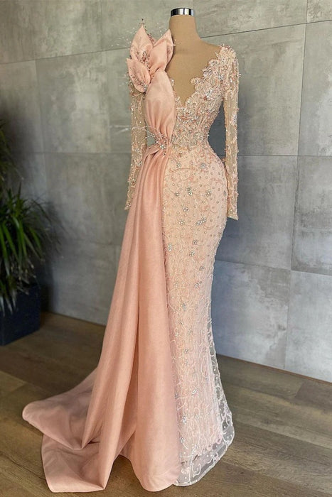 Charming V-Neck Satin Mermaid Prom Dress Long Sleeves with Beadings