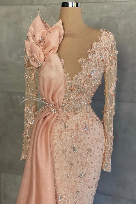 Charming V-Neck Satin Mermaid Prom Dress Long Sleeves with Beadings
