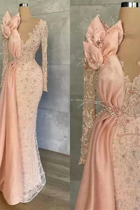 Charming V-Neck Satin Mermaid Prom Dress Long Sleeves with Beadings
