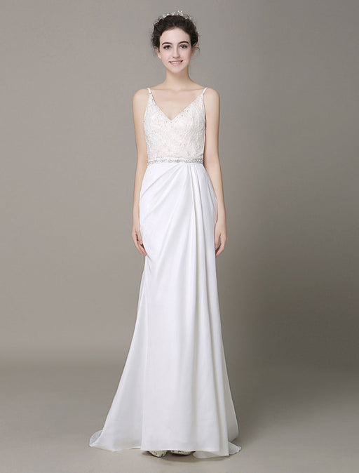 Satin Sheath Wedding Dress Plunging Neckline Bow Back Belt Lace Beading Evening Dress misshow