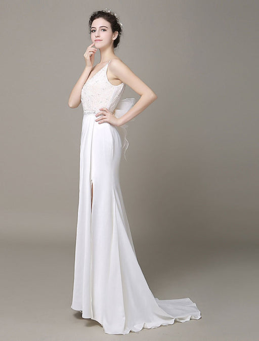 Satin Sheath Wedding Dress Plunging Neckline Bow Back Belt Lace Beading Evening Dress misshow