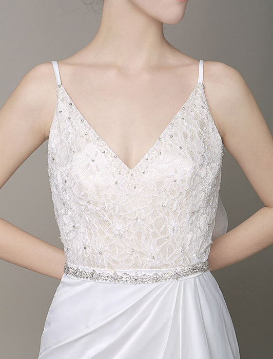 Satin Sheath Wedding Dress Plunging Neckline Bow Back Belt Lace Beading Evening Dress misshow