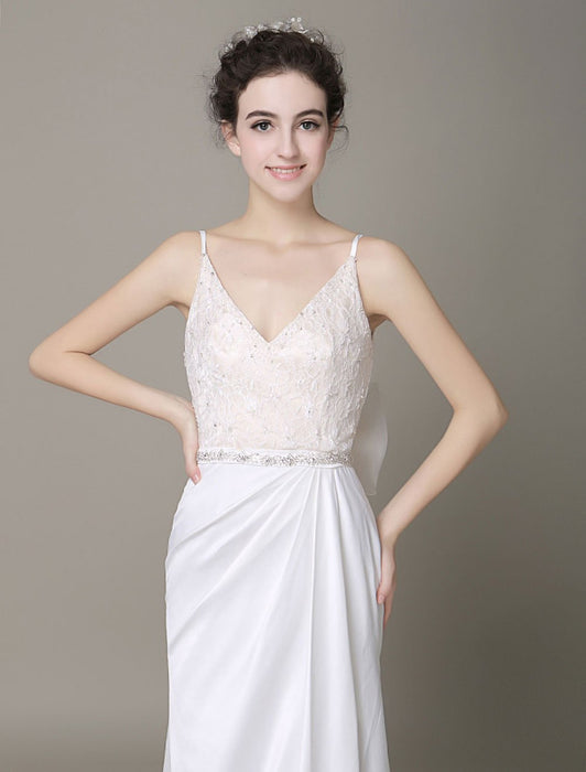 Satin Sheath Wedding Dress Plunging Neckline Bow Back Belt Lace Beading Evening Dress misshow
