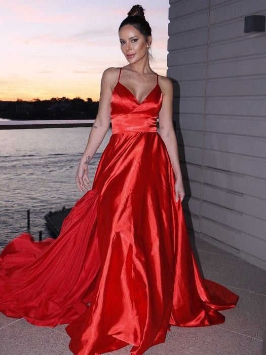 A-Line/Princess Elastic Woven Satin Ruffles V-neck Sleeveless Sweep/Brush Train Dresses - Prom Dresses