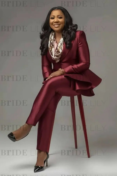 Burgundy Satin Women Suit Plus Size 2 Pieces Ladies Office Wear Outfit For Party Wedding 