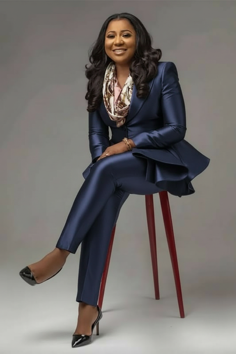 Navy Satin Women Suit Plus Size 2 Pieces Ladies Office Wear Outfit For Party Weddin