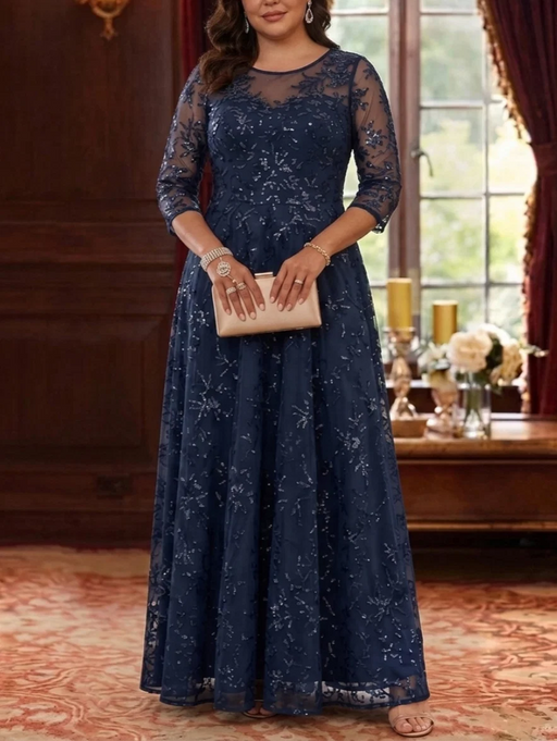 Scoop Neck Lace Plus Size Mother of the Bride Dresses 3/4 Sleeves with Sequins