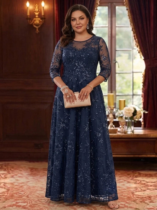Scoop Neck Lace Plus Size Mother of the Bride Dresses 3/4 Sleeves with Sequins