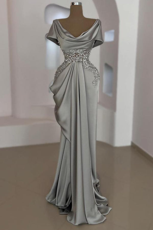 Scoop Neck Ruffles Satin Prom Dress Mermaid Sleeveless Evening Dress with Beads
