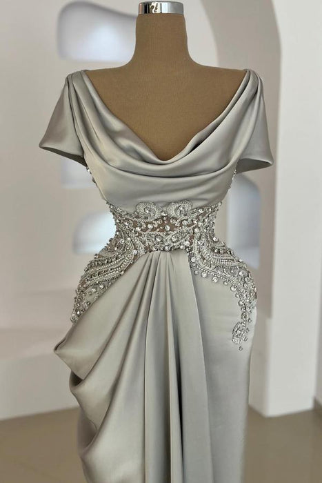 Scoop Neck Ruffles Satin Prom Dress Mermaid Sleeveless Evening Dress with Beads