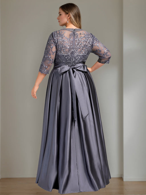 Stormy Blue Plus Size Floor-Length Mother of the Bride A-Line Dress with 3/4 Sleeves Scoop Neck Bow & Sequins