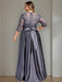 Stormy Blue Plus Size Floor-Length Mother of the Bride A-Line Dress with 3/4 Sleeves Scoop Neck Bow & Sequins