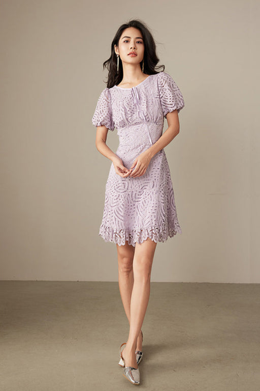 Scoop Neck Short Sleeves Aline Short Lace Dress Formal Wear - Purple / S - Dresses
