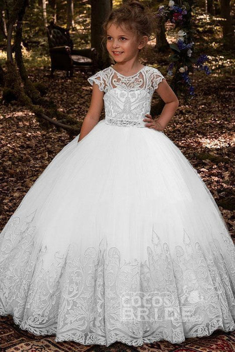 Scoop Neck Short Sleeves Ball Gown Flower Girls Dress - White / 2Y-3Y - Flower Girl Dresses