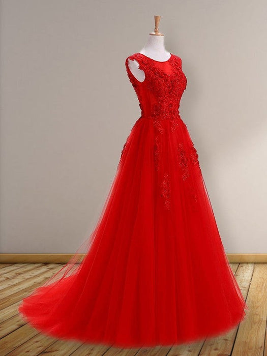 A-Line/Princess Scoop Sleeveless Sweep/Brush Train Applique Tulle Dresses - Prom Dresses