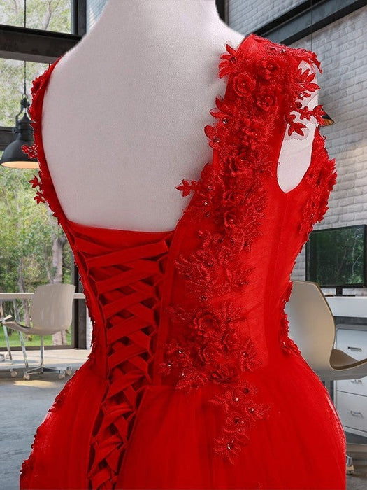 A-Line/Princess Scoop Sleeveless Sweep/Brush Train Applique Tulle Dresses - Prom Dresses