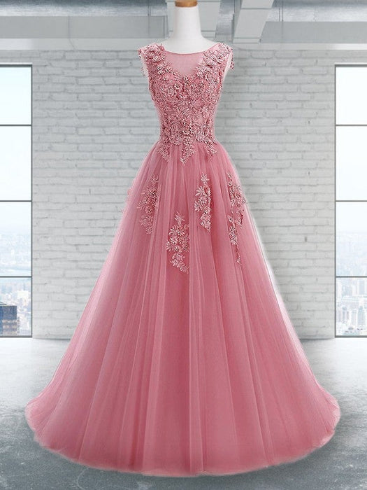 A-Line/Princess Scoop Sleeveless Sweep/Brush Train Applique Tulle Dresses - Prom Dresses