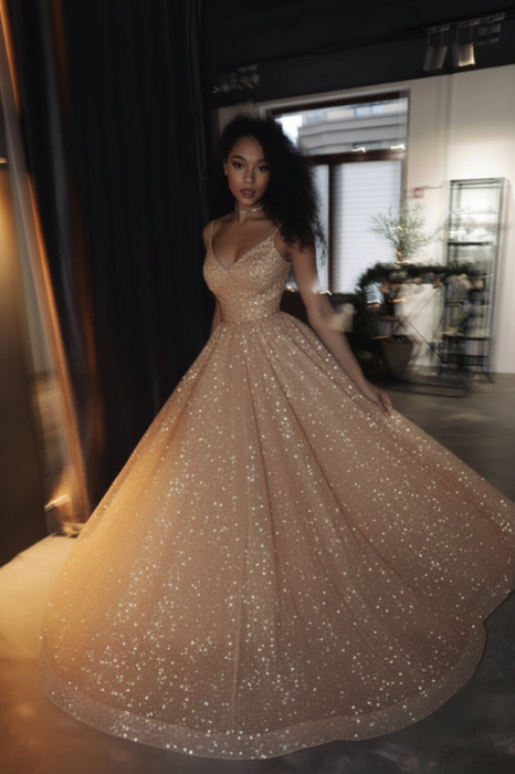 Shiny Sequin A-Line Wedding Dress Spaghetti Strap Backless Gown - Bridelily Shiny Sequin A-Line Wedding Dress Spaghetti Strap Backless Gown - Bridelily