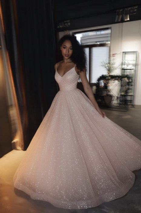 Shiny Sequin A-Line Wedding Dress Spaghetti Strap Backless Gown - Bridelily Shiny Sequin A-Line Wedding Dress Spaghetti Strap Backless Gown - Bridelily