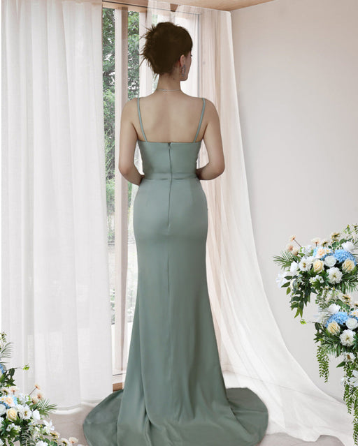 Seafoam Green Prom Dress with Spaghetti Strap and Pleated Slit