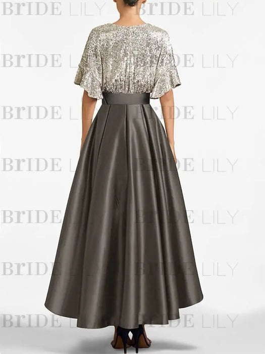 V-neck Sequin Taupe Asymmetrical Mother of the Bride Dress with Sleeves