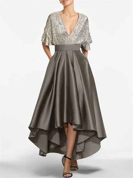V-neck Sequin Taupe Asymmetrical Mother of the Bride Dress with Sleeves