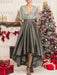 V-neck Sequin Taupe Asymmetrical Mother of the Bride Dress with Sleeves