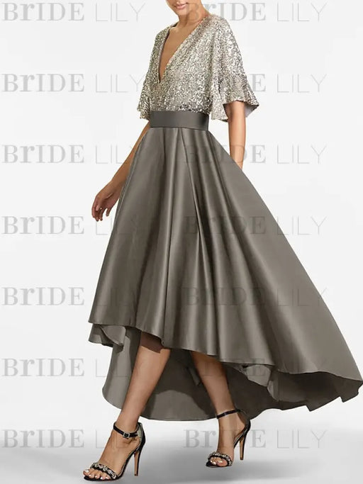 V-neck Sequin Taupe Asymmetrical Mother of the Bride Dress with Sleeves