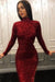 Sequin Burgundy Long Sleeves High Collar Prom Dress