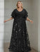 Plus size black gown with a chiffon bodice and sequin damask skirt
