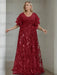 Plus size burgundy gown with a chiffon bodice and sequin damask skirt