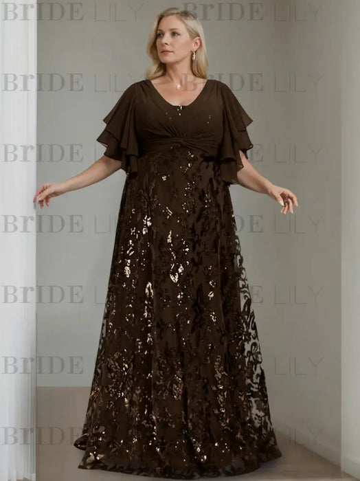 Plus size chocolate gown with a chiffon bodice and damask skirt