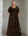 Plus size chocolate gown with a chiffon bodice and damask skirt