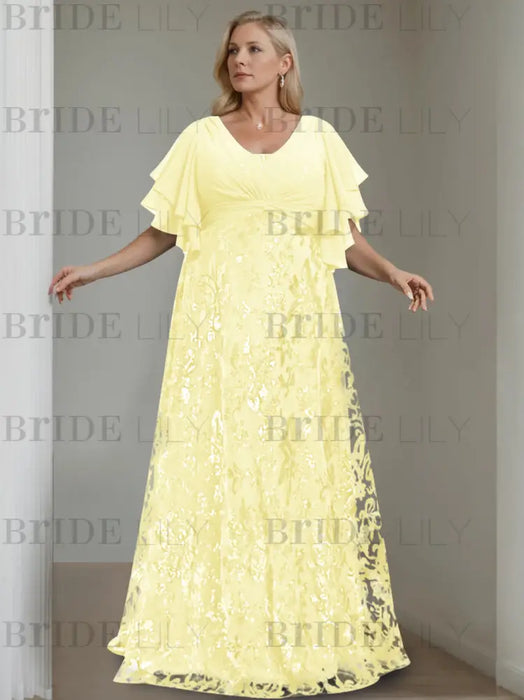 Daffodil plus size sequin damask mother of the bride gown with flutter sleeves
