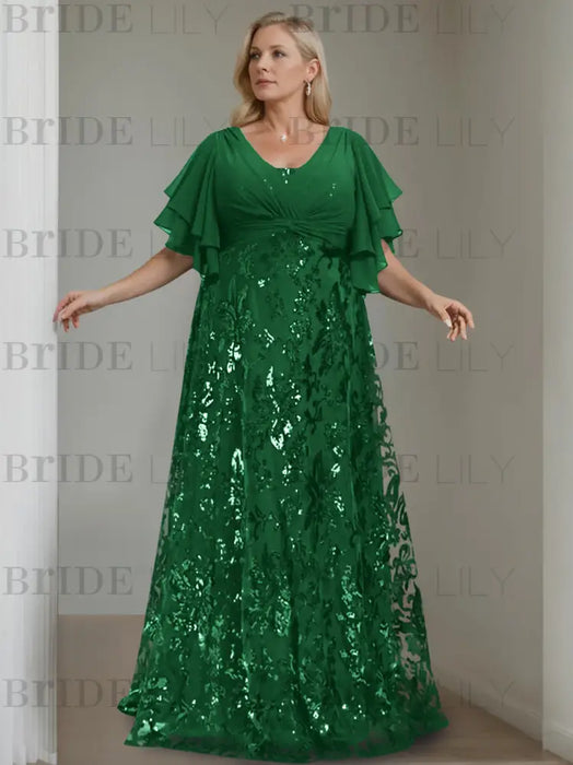 Dark Green plus size sequin damask mother of the bride gown with flutter sleeves