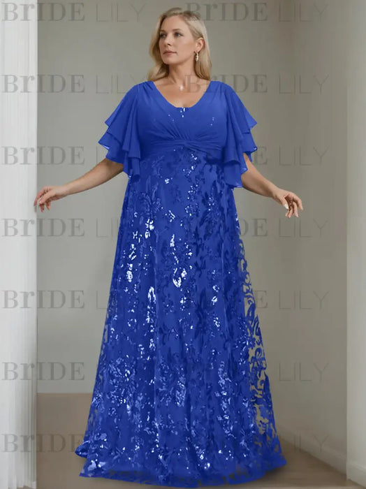 Dark Royal Blue plus size sequin damask mother of the bride gown with flutter sleeves