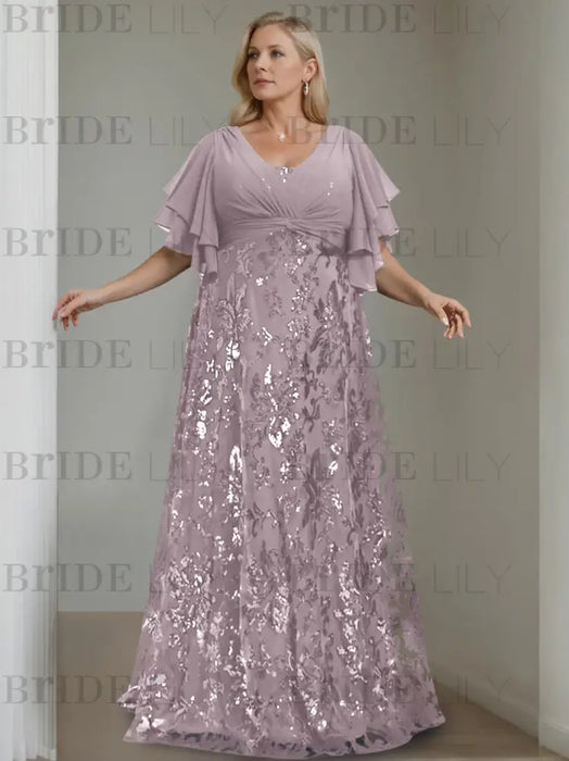 Dusk plus size sequin damask mother of the bride gown with flutter sleeves
